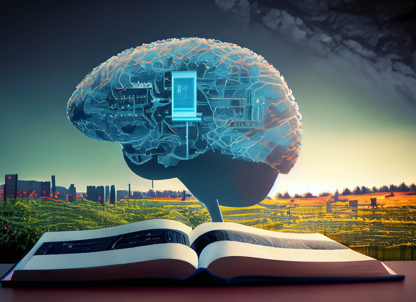 Large brain hovering above an open book, with in a countryside landcape and city landscape with tower blocks in the background.