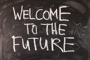 blackboard with welcome to the future written in chalk 