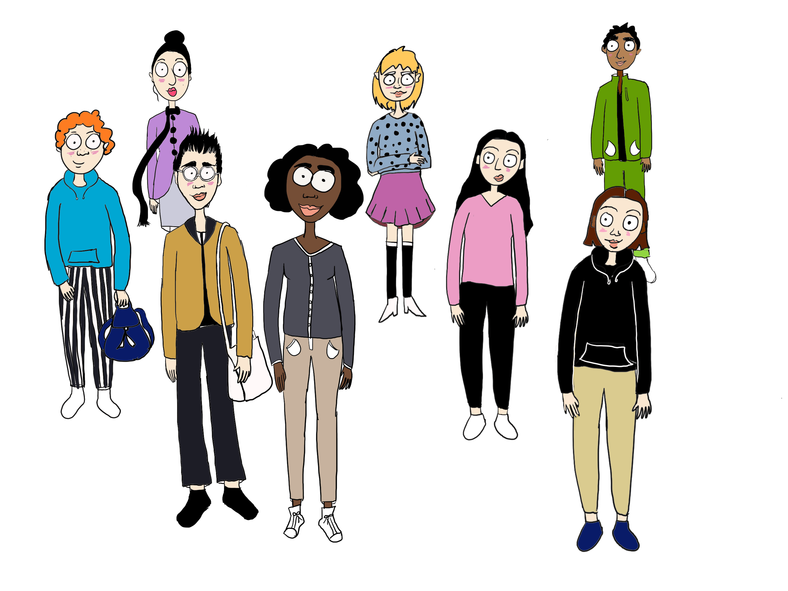 Illustration of a mix of different students standing looking out