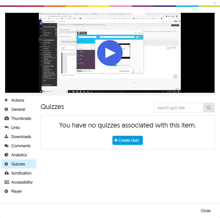 Screenshot of the menu for a YuJa video in the 'Quizzes' tab.