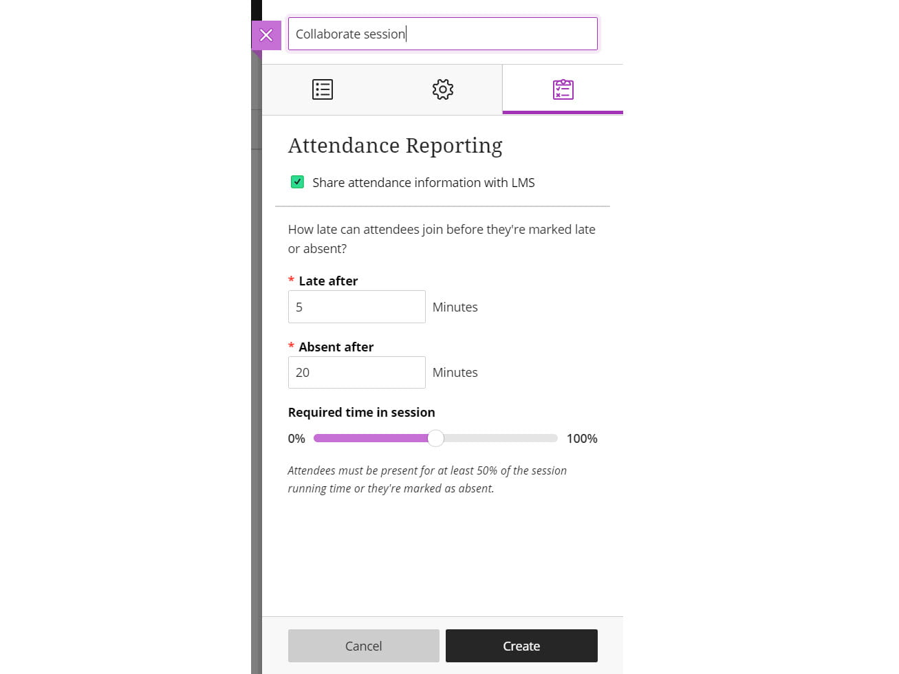 Screenshot of the attendance tab when creating a Collaborate session