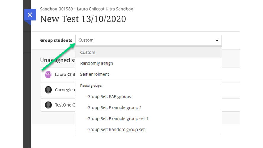 Screenshot of Groups page from Assignment with an arrow pointing to the drop-down menu to select a group set.