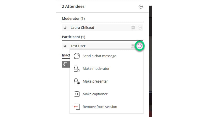 Screenshot of attendees panel with the three dots highlighted and the menu appearing