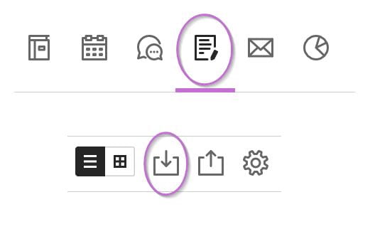 Screenshot highlighting the Gradebook icon and the Download Gradebook icon. Both are highlighted with a purple circle.
