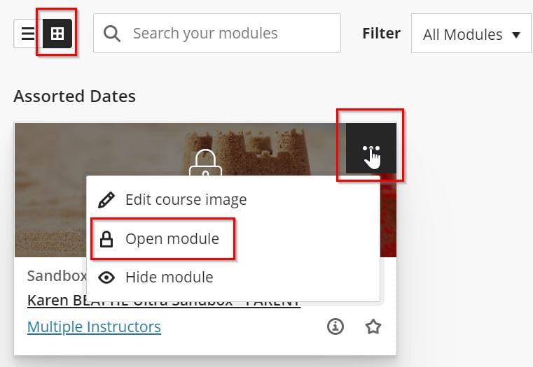 Screenshot of the Modules page in Grid View showing where to click to set the availability of the module.