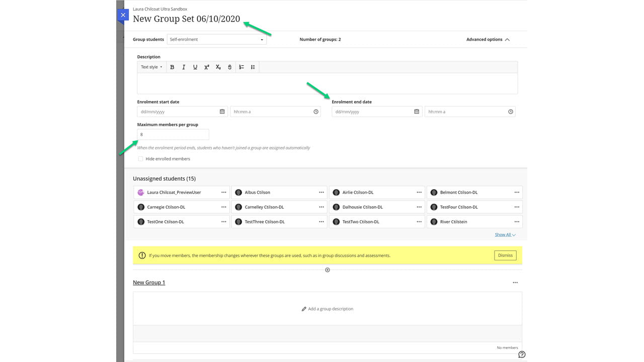 Screenshot of a selfenrol group set with arrows pointing to the title, enrolment end date, and maximum members per group