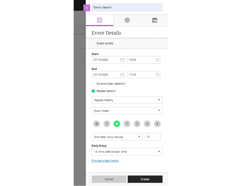 Screenshot of create session tab 1