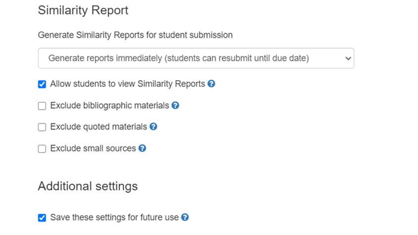 Screenshot of Turnitin Similarity Report section with 'allow students to view similarity reports' and 'save these settings' selected 