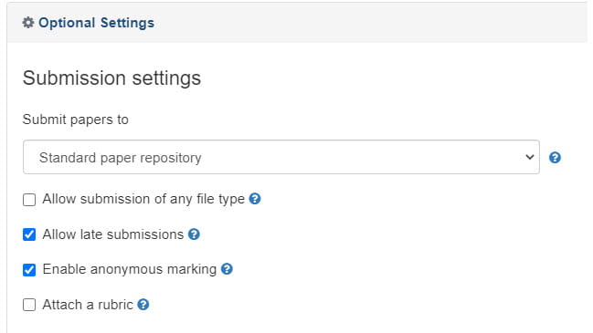 Screenshot of assignment settings in Turnitin with 'Allow Late submissions' and 'enable anonymous marking' selected