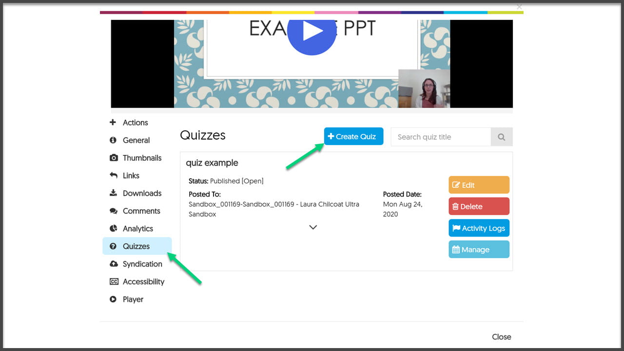 Screenshot of YuJa video with arrow point to Quiz tab and Create Quiz
