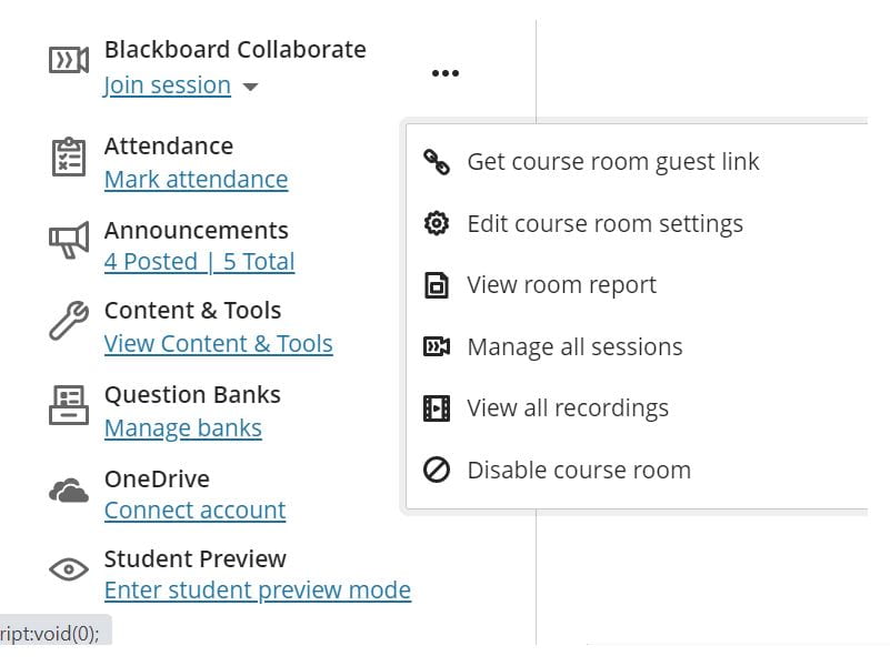 Screenshot of the Collaborate menu open from the Course Content page of an Ultra module