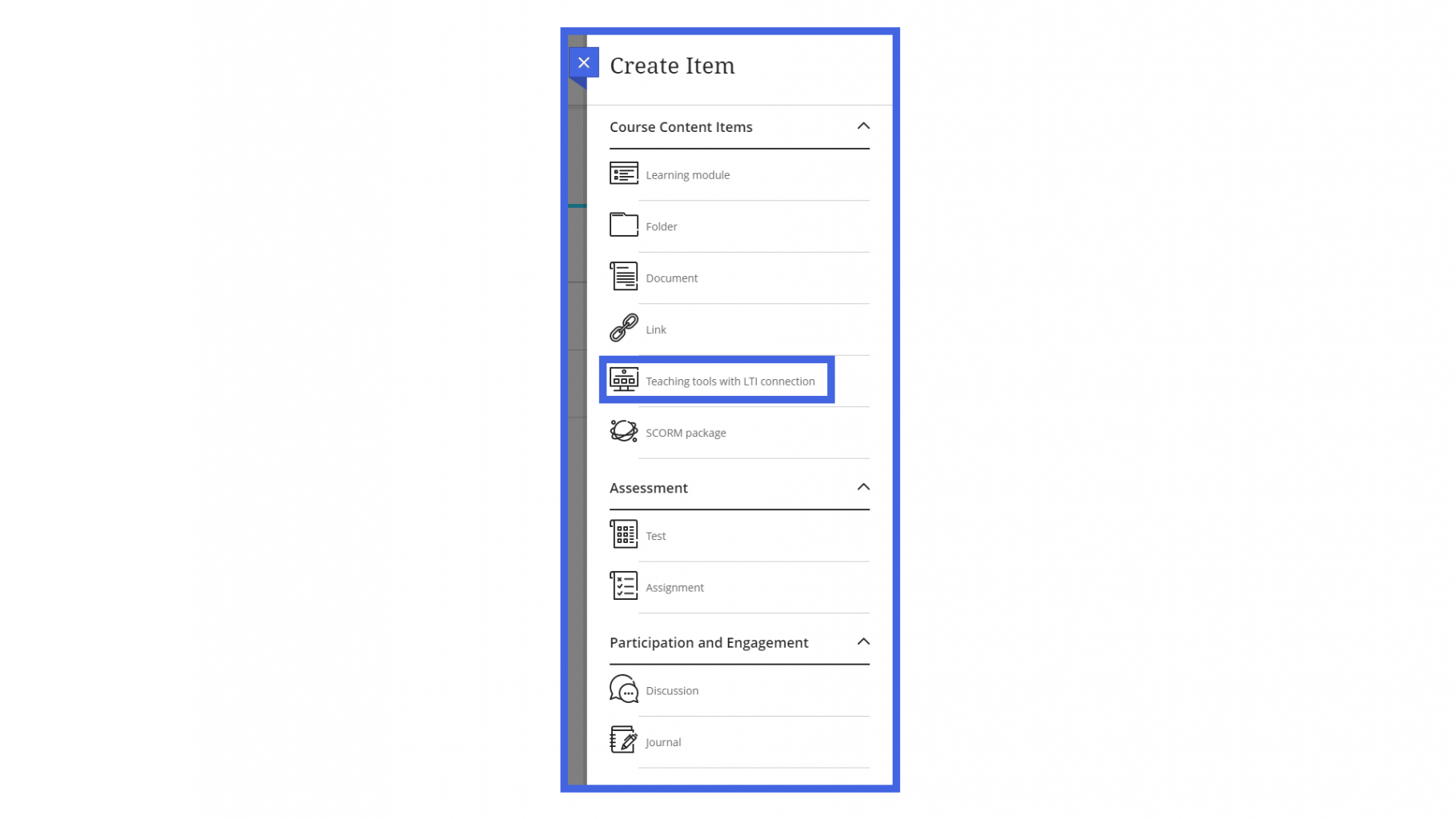 Blackboard create item menu highlighting Teaching Tools with LTI connection option highlighted