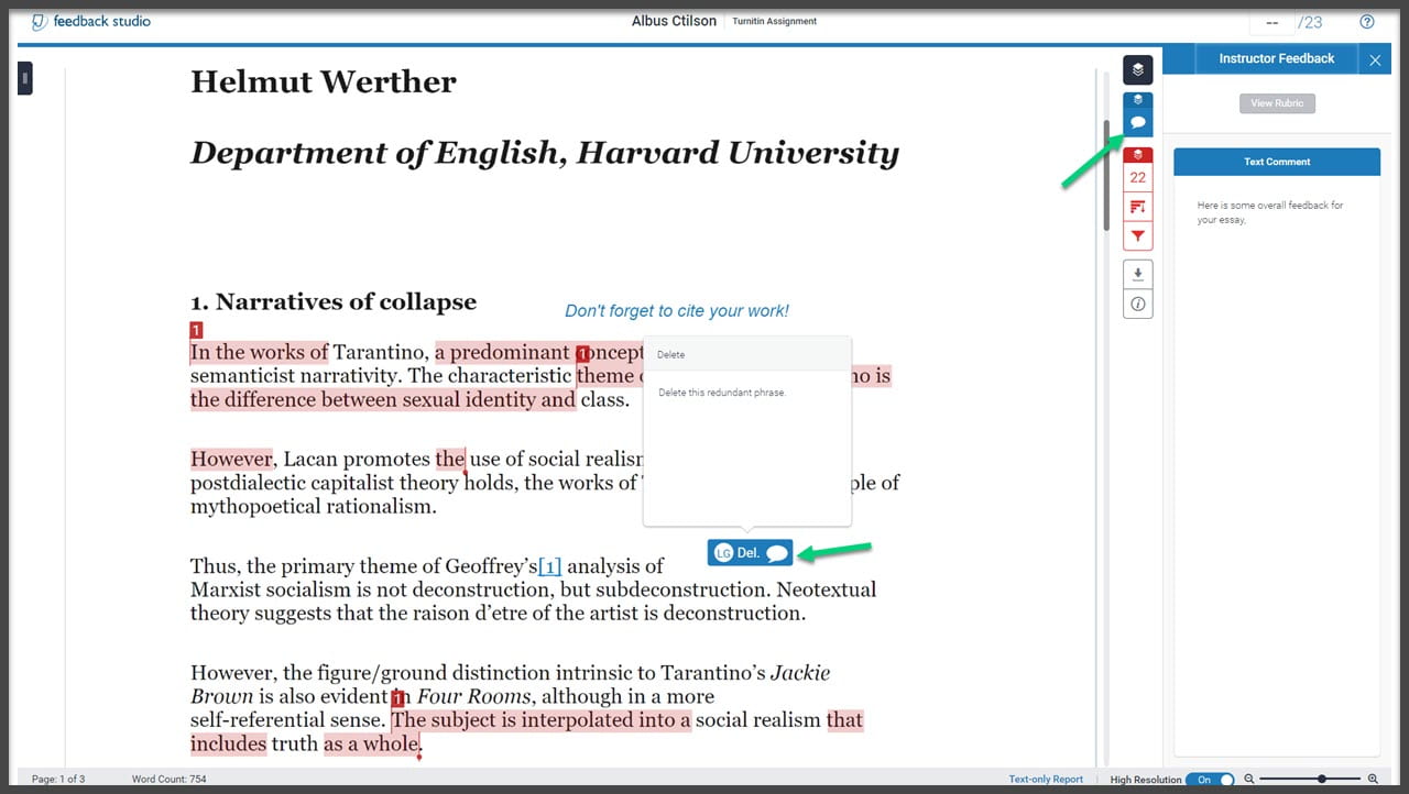 Student submission with arrows pointing at open Quickmark comment and overall Feedback panel.