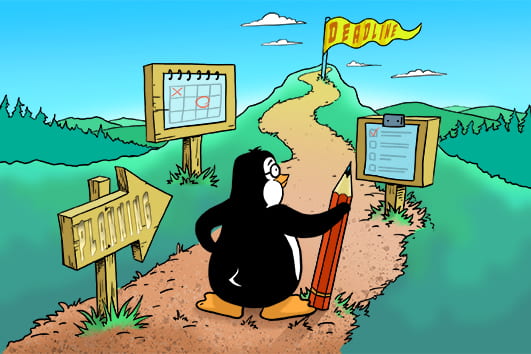 A cartoon penguin walks up a path leading to the top of a hill where there is a flag with the word Deadline on it. Along the path there are three signposts. The first signpost is in the shape of an arrow and has the word planning on it. The second sifnpost has a to do list on it and the last signpost has a calendar on it.