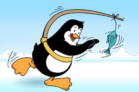 A penguin chasing a fish dangling on a stick