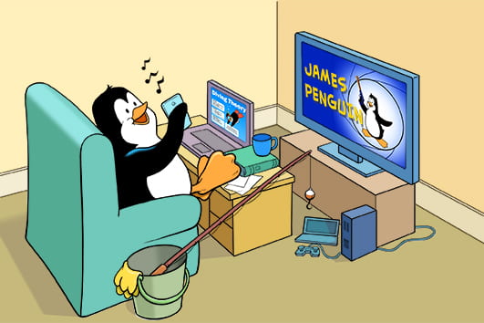 A cartoon penguin sits with his feet up on a desk. There is an open laptop, a study book and paper on the desk. The penguin is looking at his phone, which is playing music. In front of the desk there is a TV showing an image of secret agent James penguin and beside the TV there is a small games console.