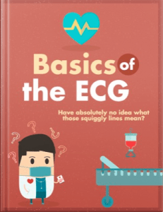 Book cover with title, "Basics of ECG" and a cartoon character of a doctor in the bottome left hand corner and in the right an illustration of a hospital bed and above a bag of blood.