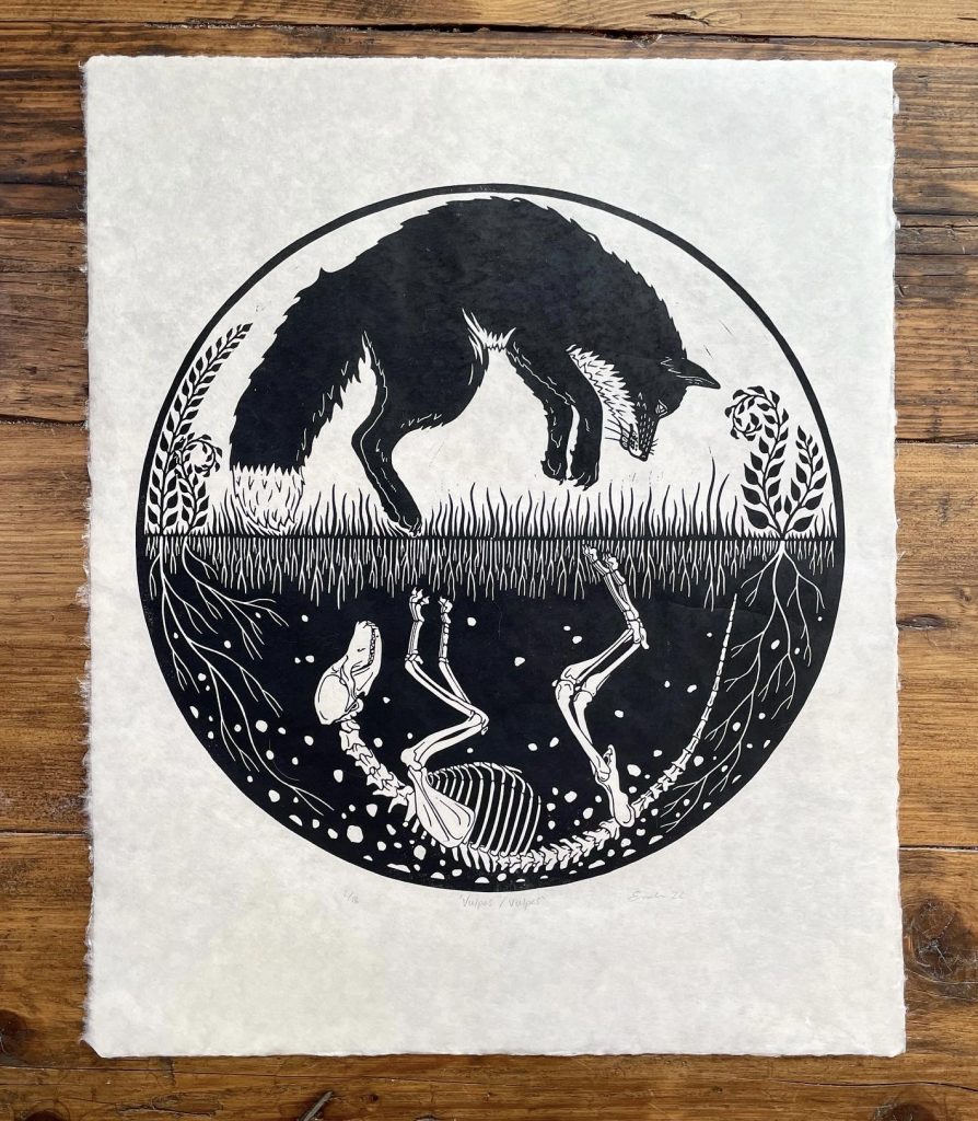 Fox skeleton linocut print