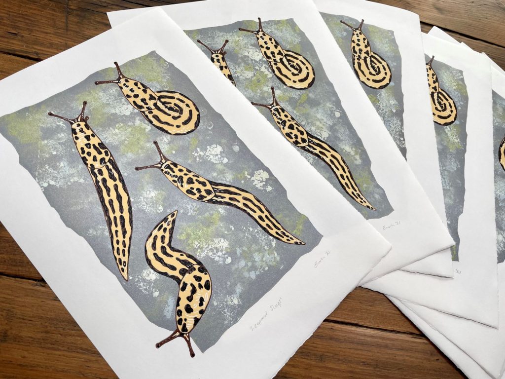 Leopard slugs linocut prints
