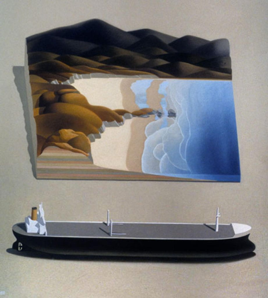 Beach scene with cross section of sand layers and oil tanker