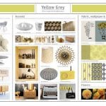 Furnishing and decoration mood board with yellow and grey theme. Includes fabric swatches, furniture
