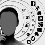 Image of woman's face with no facial features and to the right a series of concentric circles with different social media icons, digital icons and communication icons
