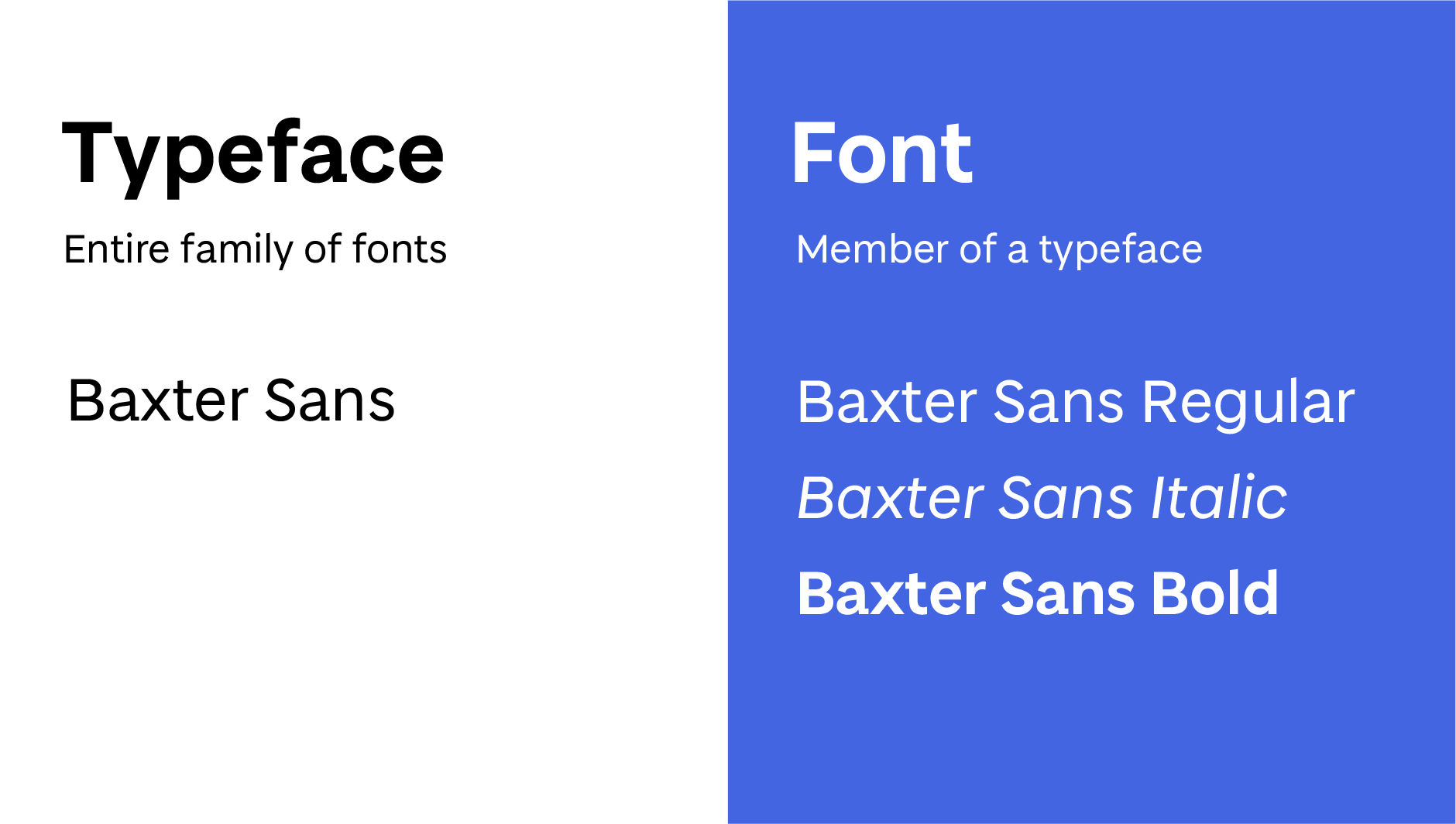 The typeface Baxter Sans alongside the fonts Baxter Sans Regular, Baxter Sans Italic and Baxter Sans Bold