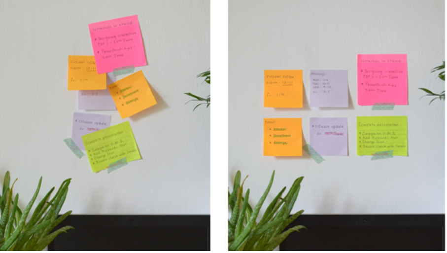 Two photographs comparing a messy layout of post-it notes against an organised one