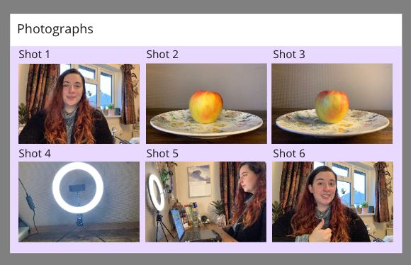 Example of a video storyboard of 6 shots using photographs