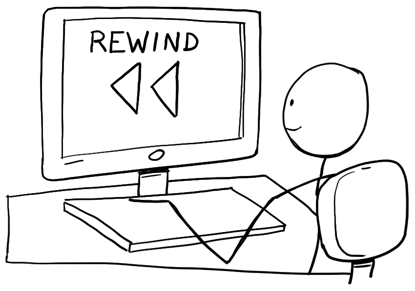 illustration of person sitting at a PC and looking at the monitor with a rewind icon on it