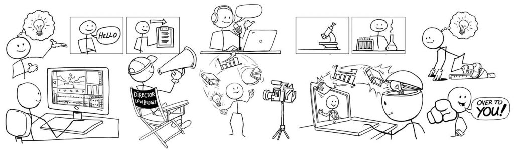 Montage of stick man images showing different video editing steps