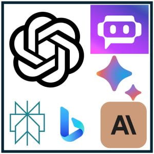 Logos from several AI tools. The OpenAI/ChatGPT one is largest, as that's generally the best known. 