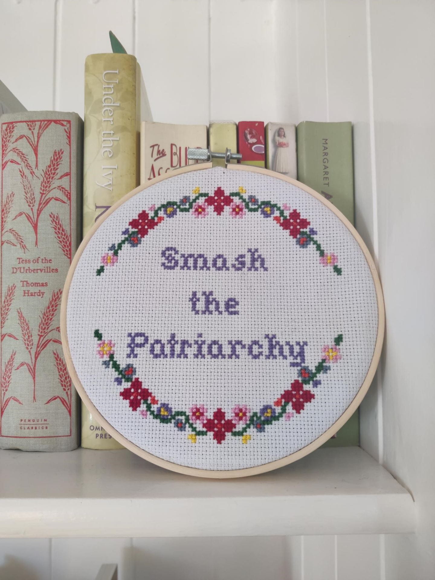 cross stitch with smash the patriarchy design