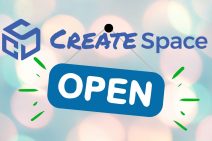 CreateSpace logo with open sign hanging from the text