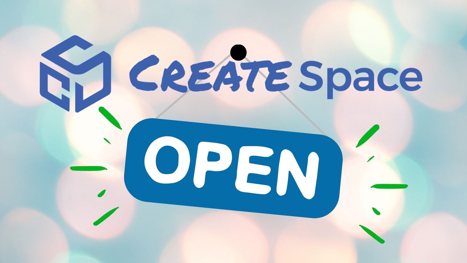 CreateSpace logo with open sign hanging from the text