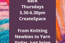 Poster with a background image of yarn and text that reads: Knitting nights are back. Thursdays, 5.30pm