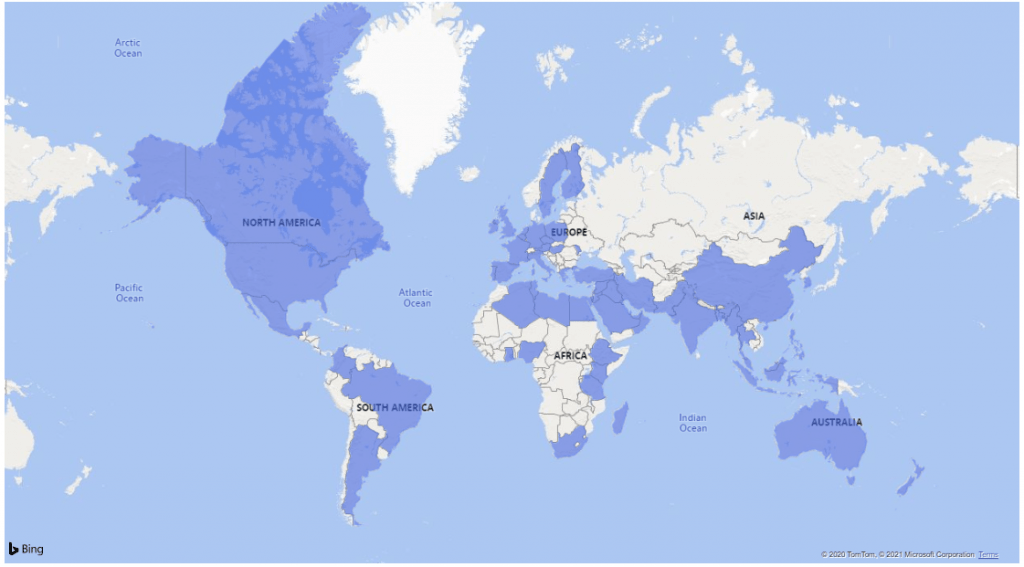 Map of the world with 64 countries highlighted to show reach of theses downloads