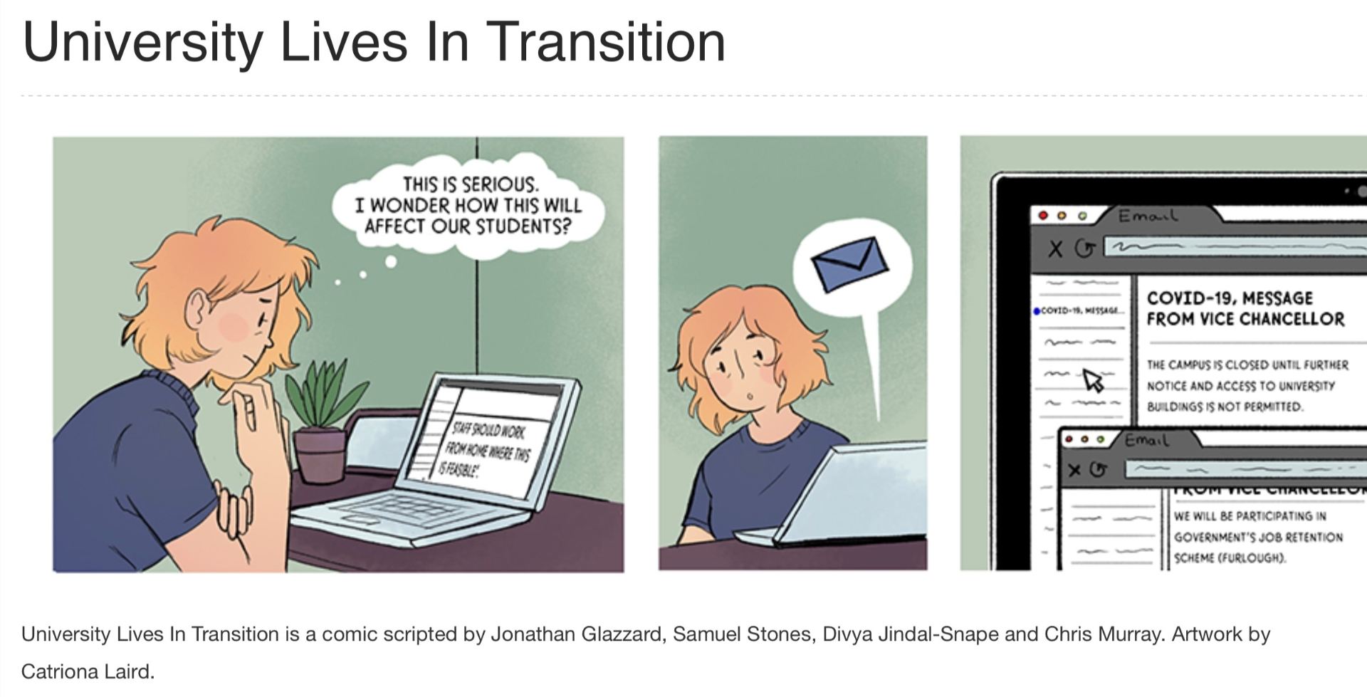 Graphic image from the University Lives in Transition, a comic scripted by Jonathan Glazzard, Samuel Stones, Divya Jindal-Snape and Chris Murray. Artwork by Catriona Laird.