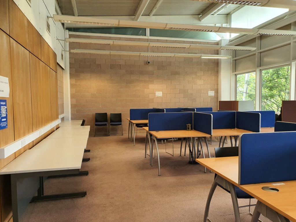 Study area with desks and chairs