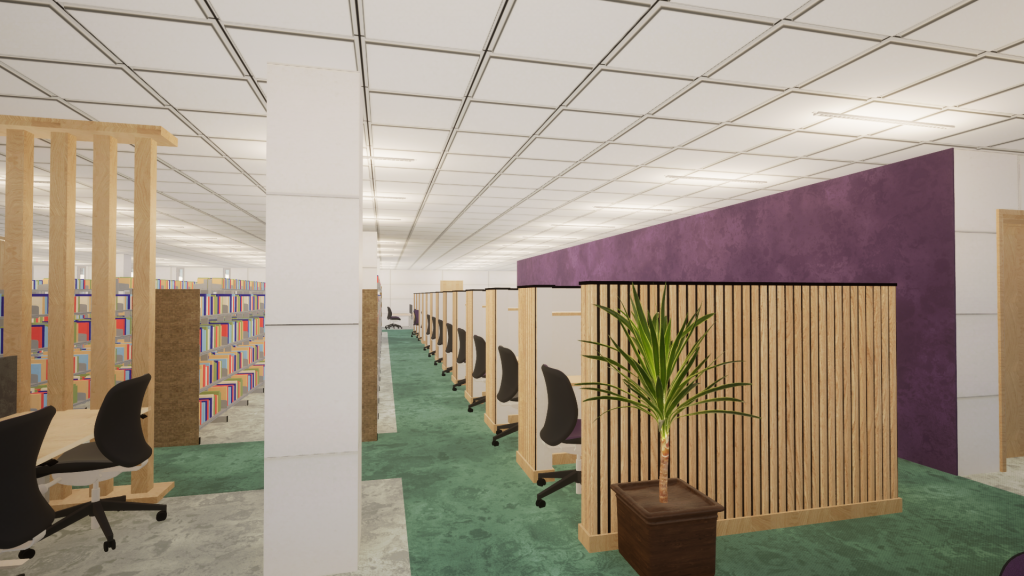 Top floor refurbishment architects impression. Illustration only. Study booths on right, wooden detailing, Open study desks on left. Bookshelves. Green / grey carpeting. purple end wall.
