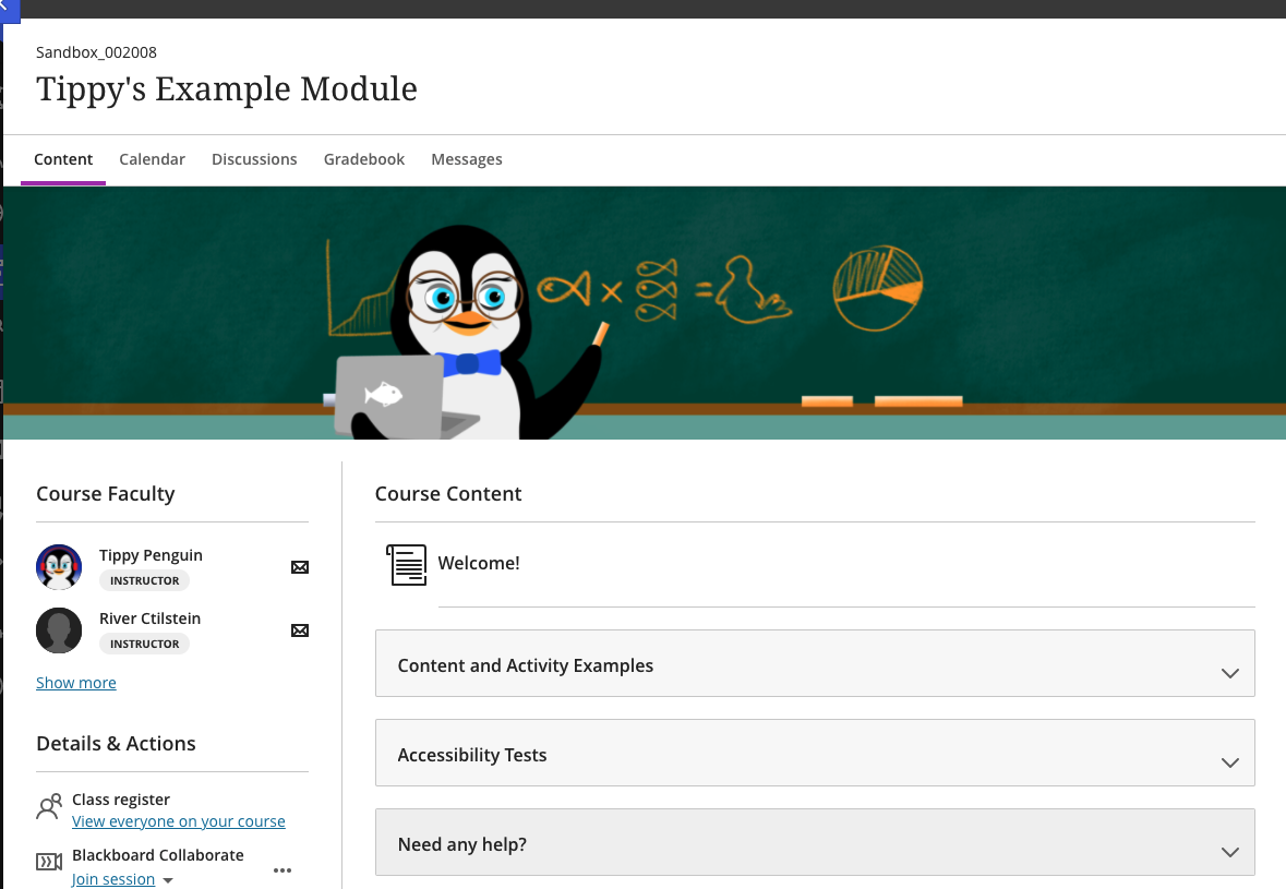 Example course banner image. The image depicts Tippy the penguin teaching on a chalkboard.