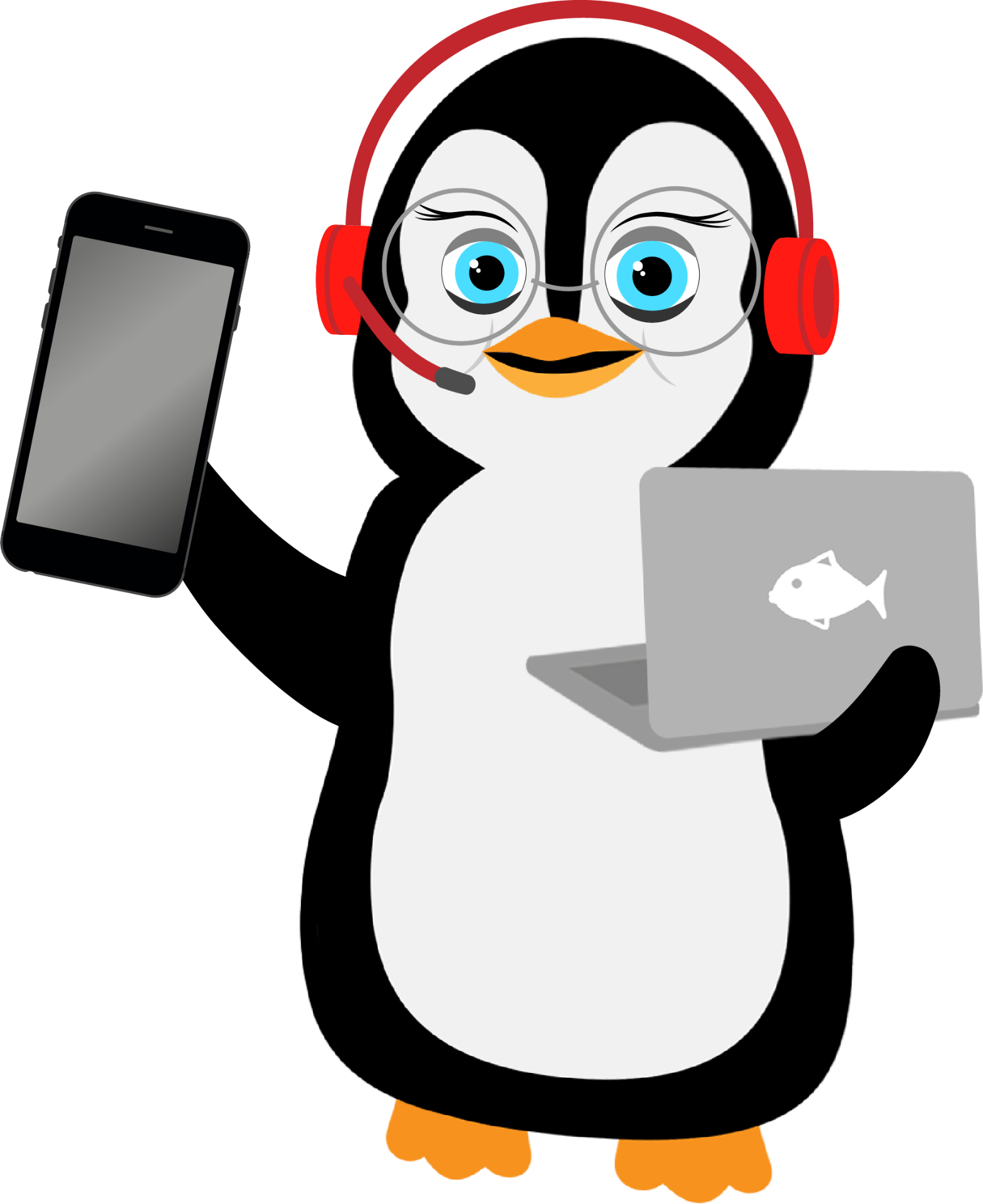 A penguin with a smart phone, laptop and headset