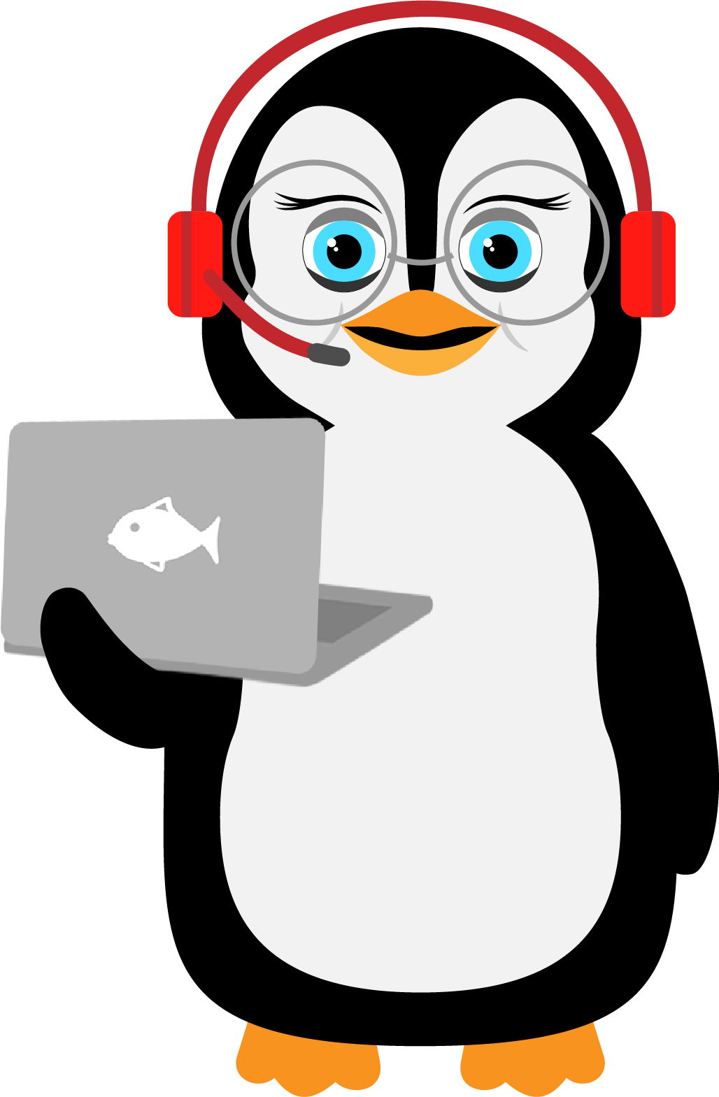Tippy the Penguin with a headset and laptop