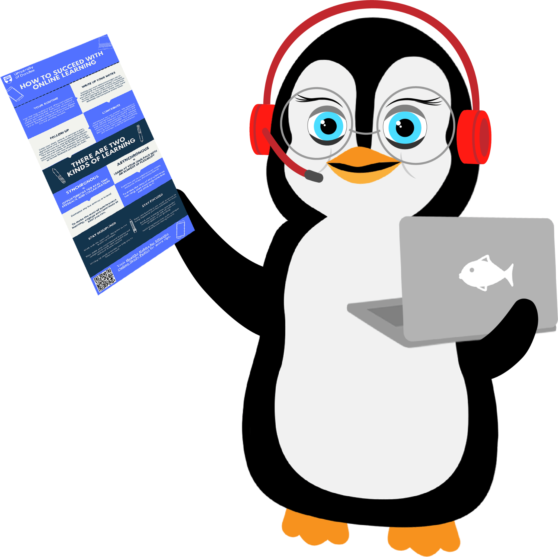 A penguin wearing a headset and holding a laptop and printed infographic