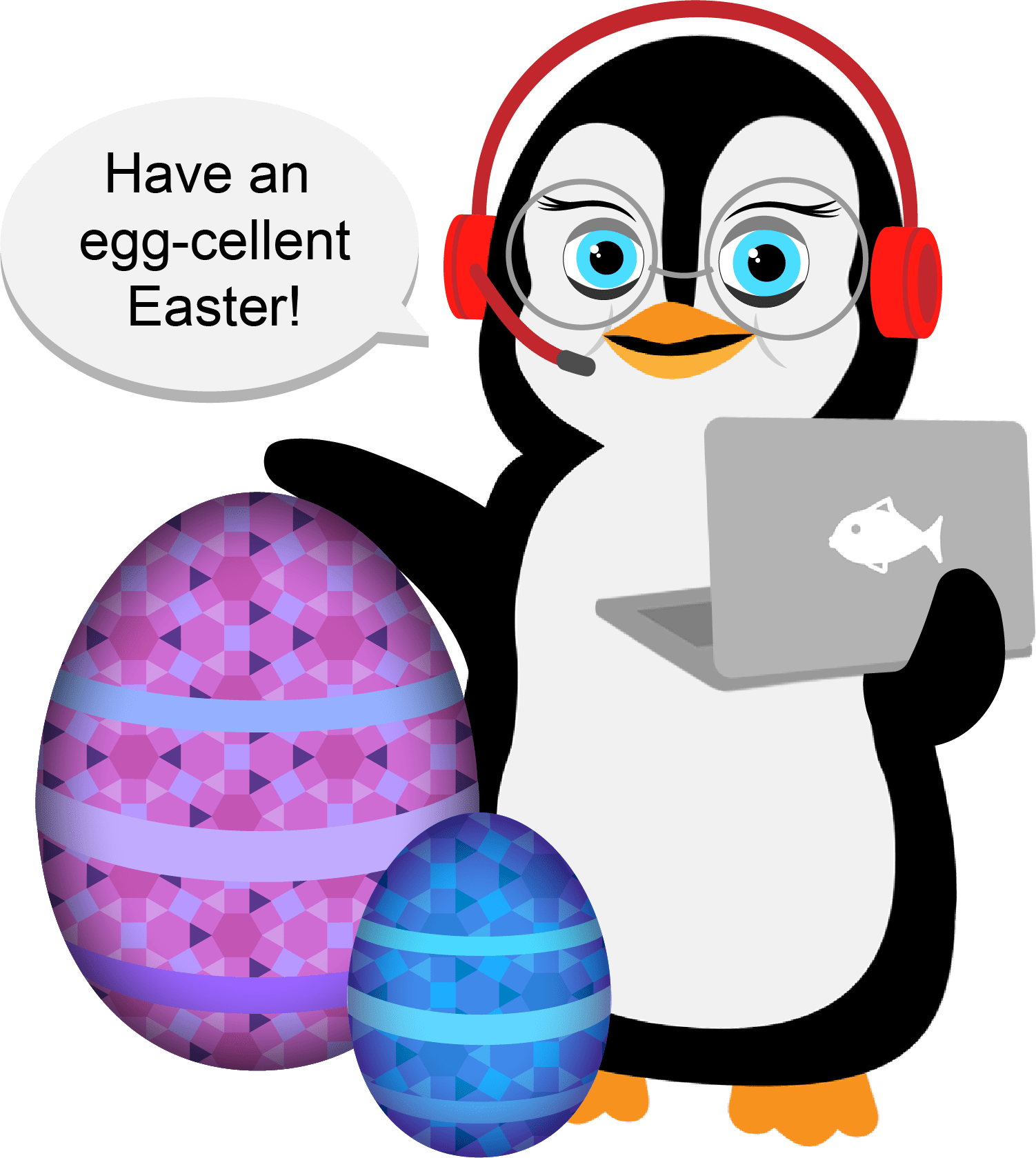 A penguin with Easter Eggs.  Speech bubble reads 'have an egg-cellent Easter!'