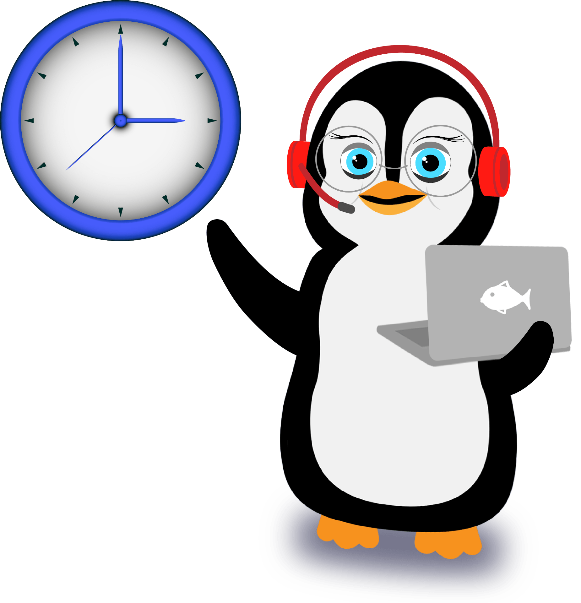 A penguin with a headset and laptop who is pointing to a wall clock