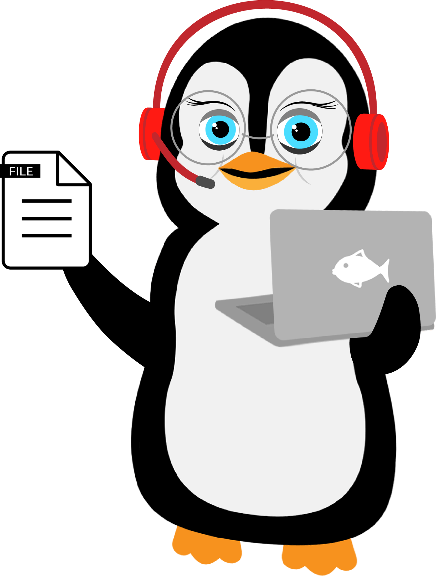 A penguin with headset and monitor holding a file icon