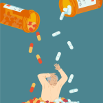 Man surrounded by pills, under a mountain of pills