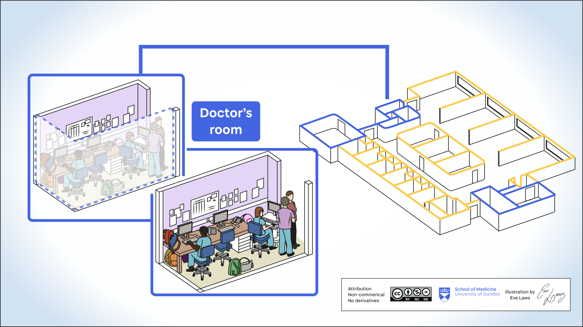 Doctor's room highlighted at full capacity and untidy - illustration